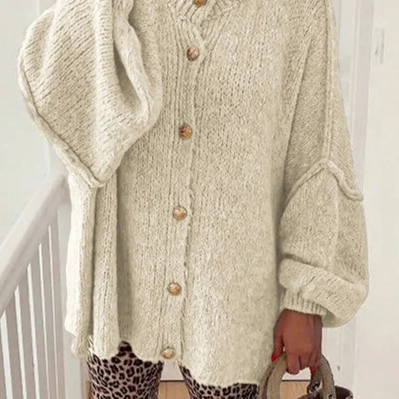 Apricot Casual Women's And Bone Edge Design Loose Single-Breasted Round Neck Swe - Picture 4 of 7